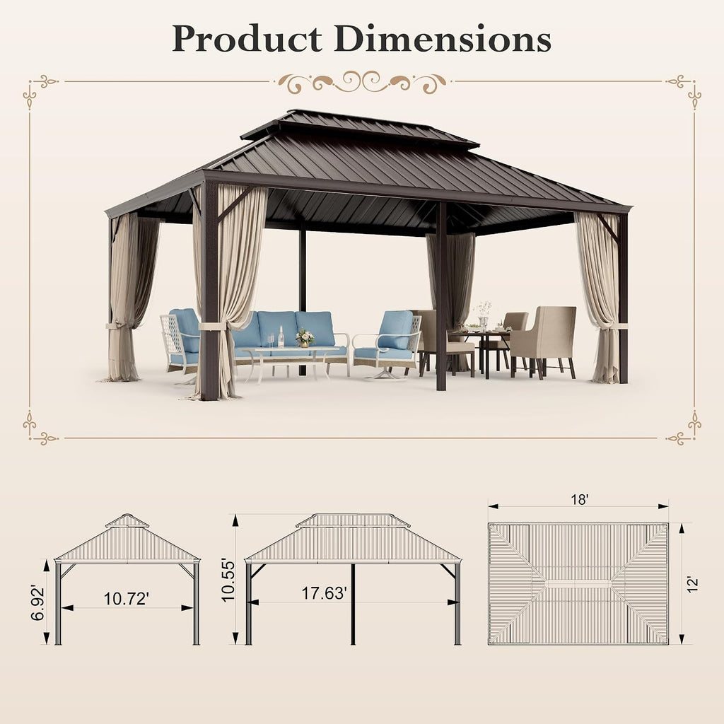 12'x18' Hardtop Aluminum Gazebo, Permanent Outdoor Canopy with Galvanized Steel Double Roof Heavy Duty Pavilion with Curtains and Netting for Garden Patio Lawn Deck