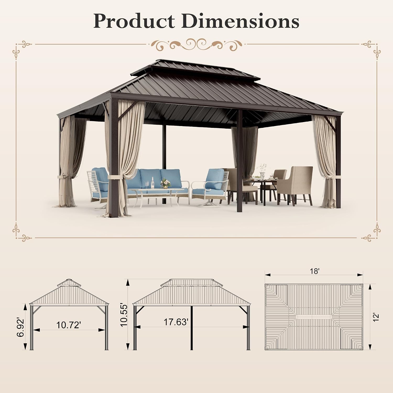 12'x18' Hardtop Aluminum Gazebo, Permanent Outdoor Canopy with Galvanized Steel Double Roof Heavy Duty Pavilion with Curtains and Netting for Garden Patio Lawn Deck