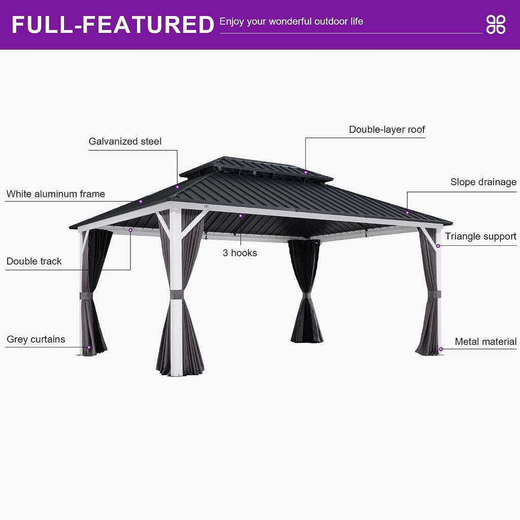 PURPLE LEAF 12' X 16' Outdoor Gazebo Galvanized Steel Double Roof White Aluminum Frame Hardtop Heavy Duty Gazebo with Curtain and Netting for Patio Garden and Backyard, Grey