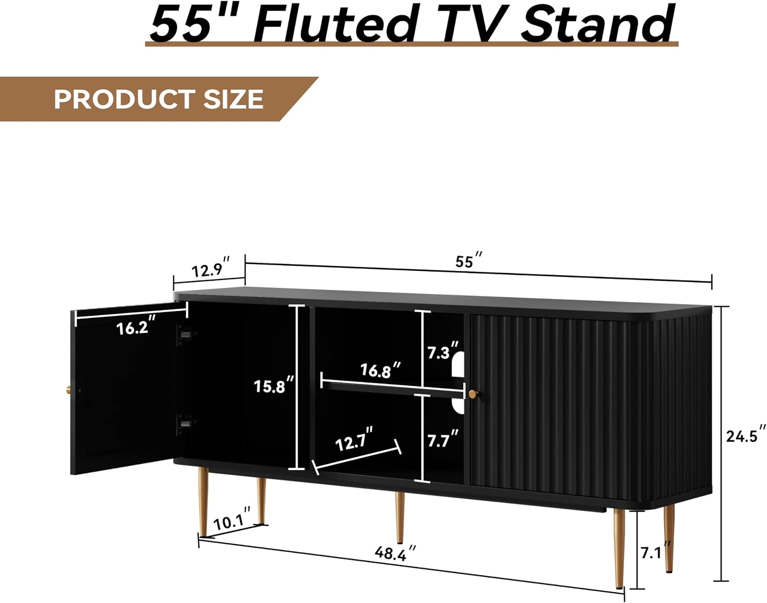 ARTPOWER 55' Fluted TV Stand, Mid Century Modern Black TV Stand for 55/60/65 inch TV, Entertainment Center with Storage, Television Stands, TV Console, Media Console for Living Room, Bedroom (Black)