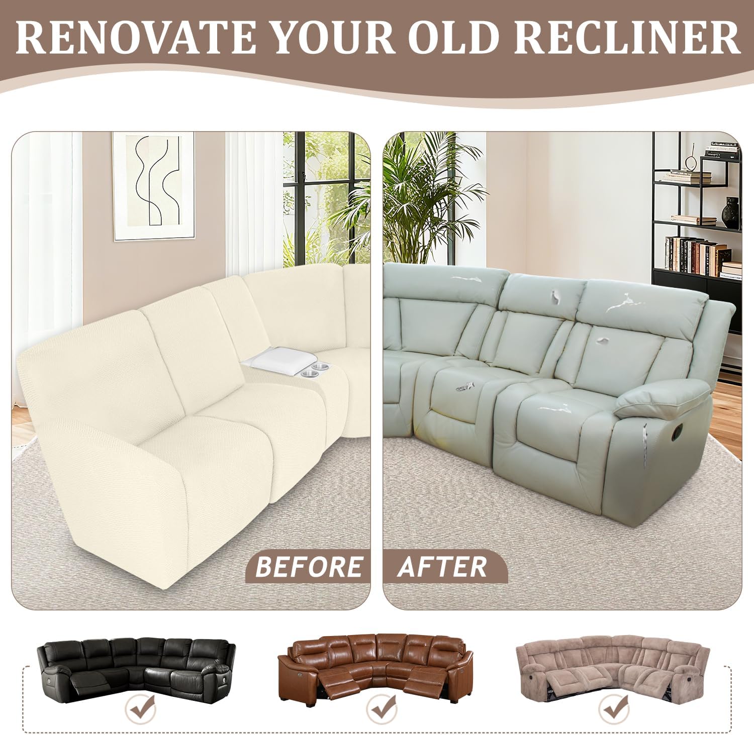 ALIECOM 100% Waterproof Recliner Sectional Couch Covers L Shape Stretch Corner Reclining Sectional Sofa Cover Washable Recliner Slipcover Protector for Dog Pet (5 Seat and 1 Console, Beige)