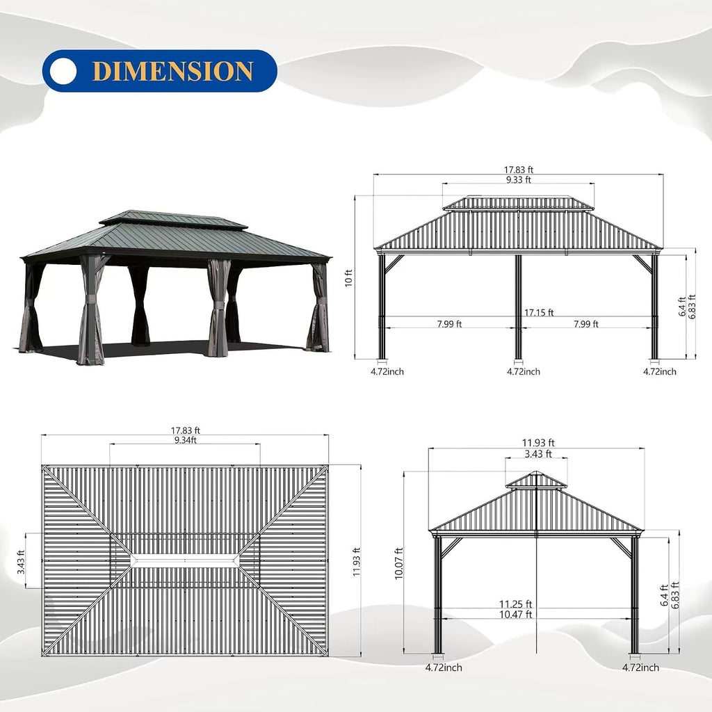 GOWE 12' X 18' Hardtop Gazebo Outdoor Metal Gazebo with Galvanized Steel Double Roof Canopy, Aluminum Frame, Curtains and Netting for Patio, Deck, Garden, Grey