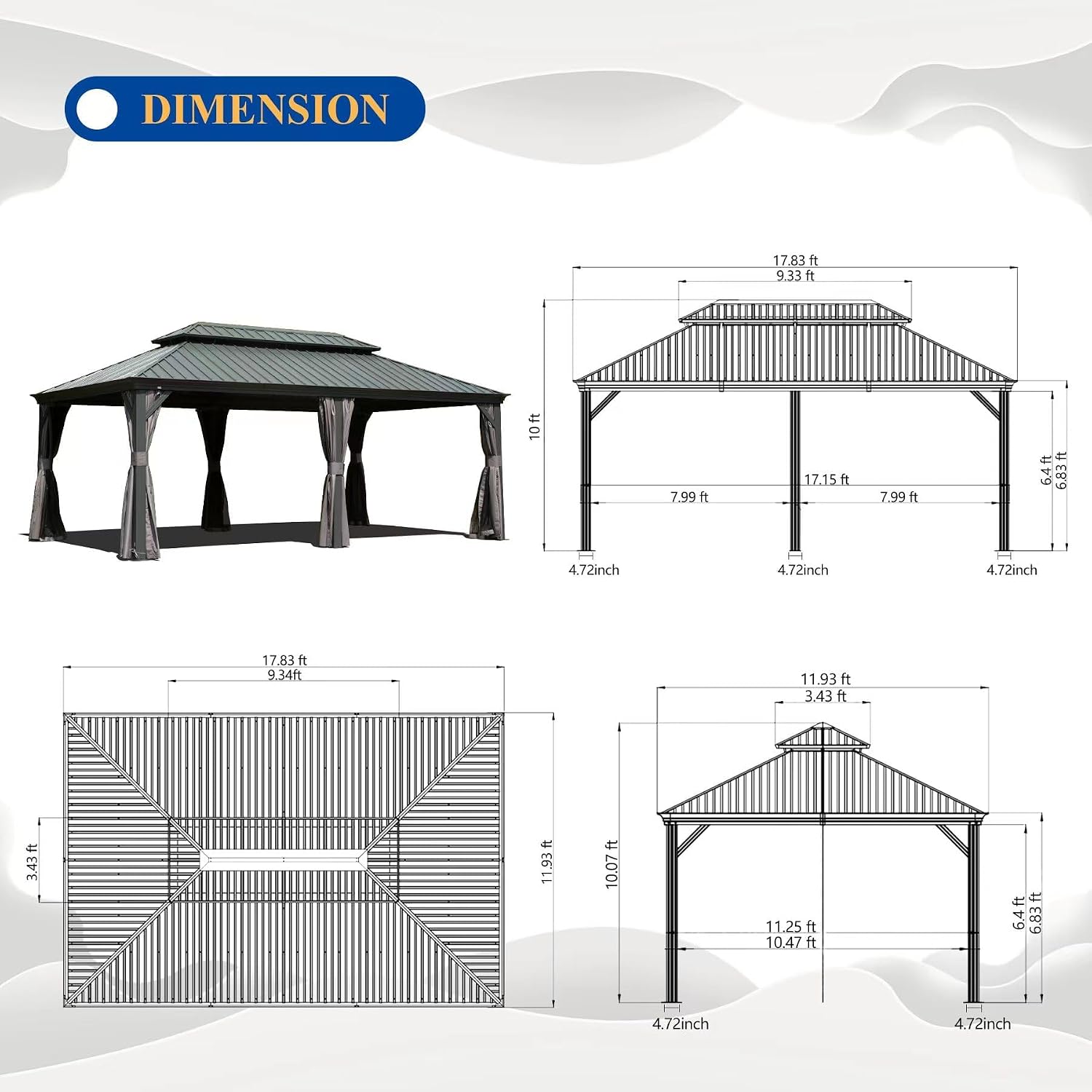 GOWE 12' X 18' Hardtop Gazebo Outdoor Metal Gazebo with Galvanized Steel Double Roof Canopy, Aluminum Frame, Curtains and Netting for Patio, Deck, Garden, Grey