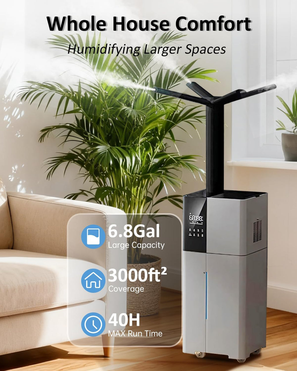 Lacidoll Humidifier Large Room,26L/6.8Gal Whole House Humidifiers for Bedroom Home 3000 sq.ft,1800ml/H,Commercial and Industrial Humidifiers with 360° Nozzle & Extension Tube,Top Fill,Gray