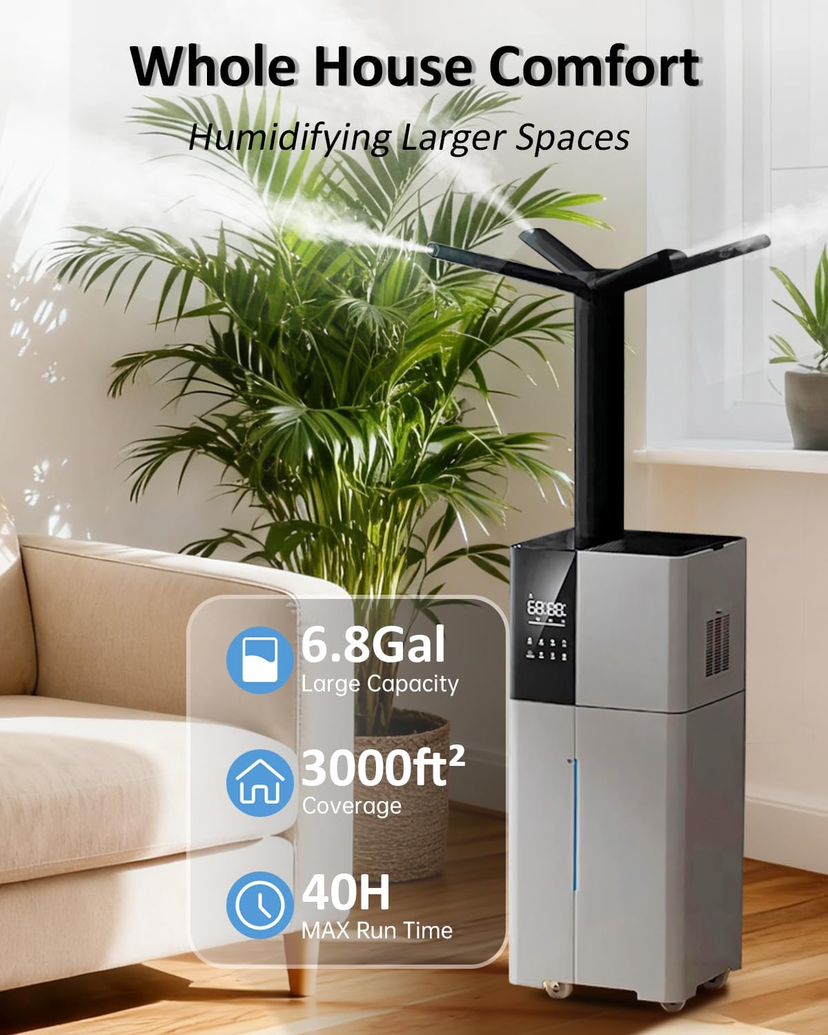 Lacidoll Humidifier Large Room,26L/6.8Gal Whole House Humidifiers for Bedroom Home 3000 sq.ft,1800ml/H,Commercial and Industrial Humidifiers with 360° Nozzle & Extension Tube,Top Fill,Gray