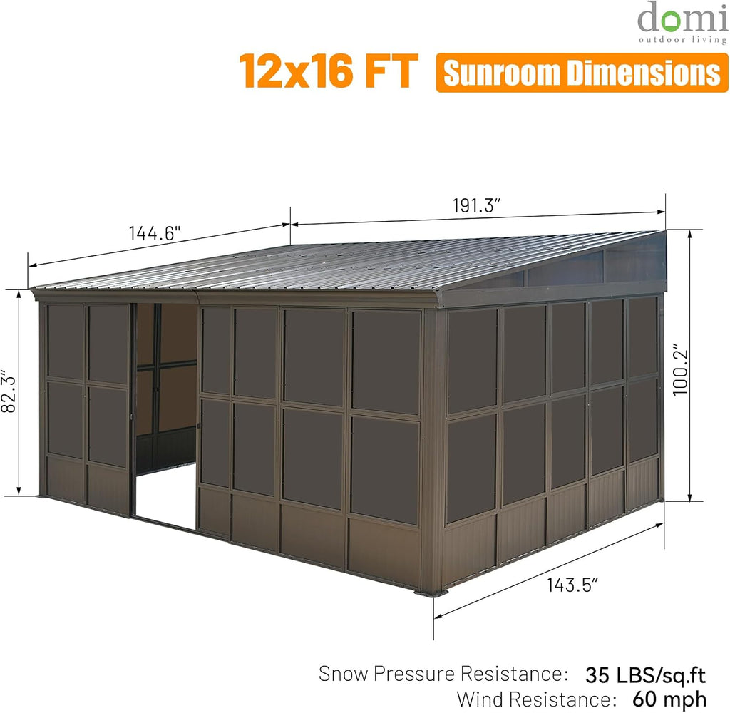 Domi 12x16FT Wall Mounted Sunroom,Solarium Aluminum Enclosed Gazebo with Hard Walls,Front Door&Side Entrance,Galvanized Steel Sloping Roof&Detachable PC Screen,Lean to Gazebo Sun Room for Patio Deck