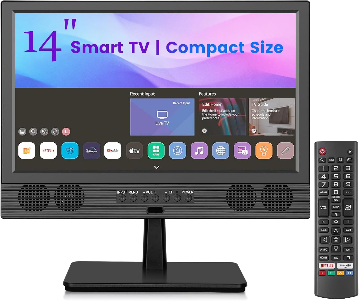 Feihe 14 Inch Small Smart TV, HD LED Flat Screen Smart TV with ATSC Tuner/HDMI/USB/AV for Kitchen, RV, Camper, Bedroom or Travel Use