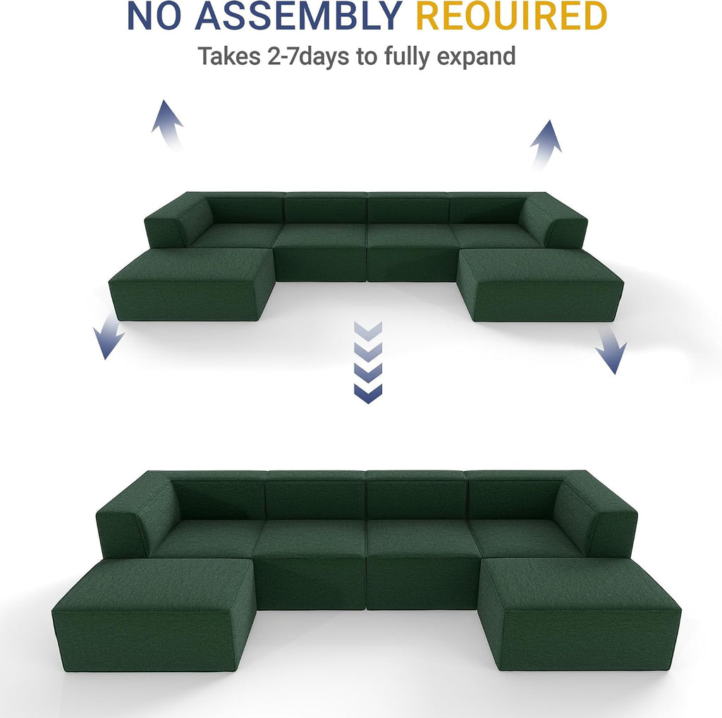 136' 6-Piece Sectional Sofa Modular Couches,L-U-Shaped with Chaise,for Living Room,Compressed Foam No Assembly,for Living Room (2xArmless Corner Ottoman) Fabric Chenille Green
