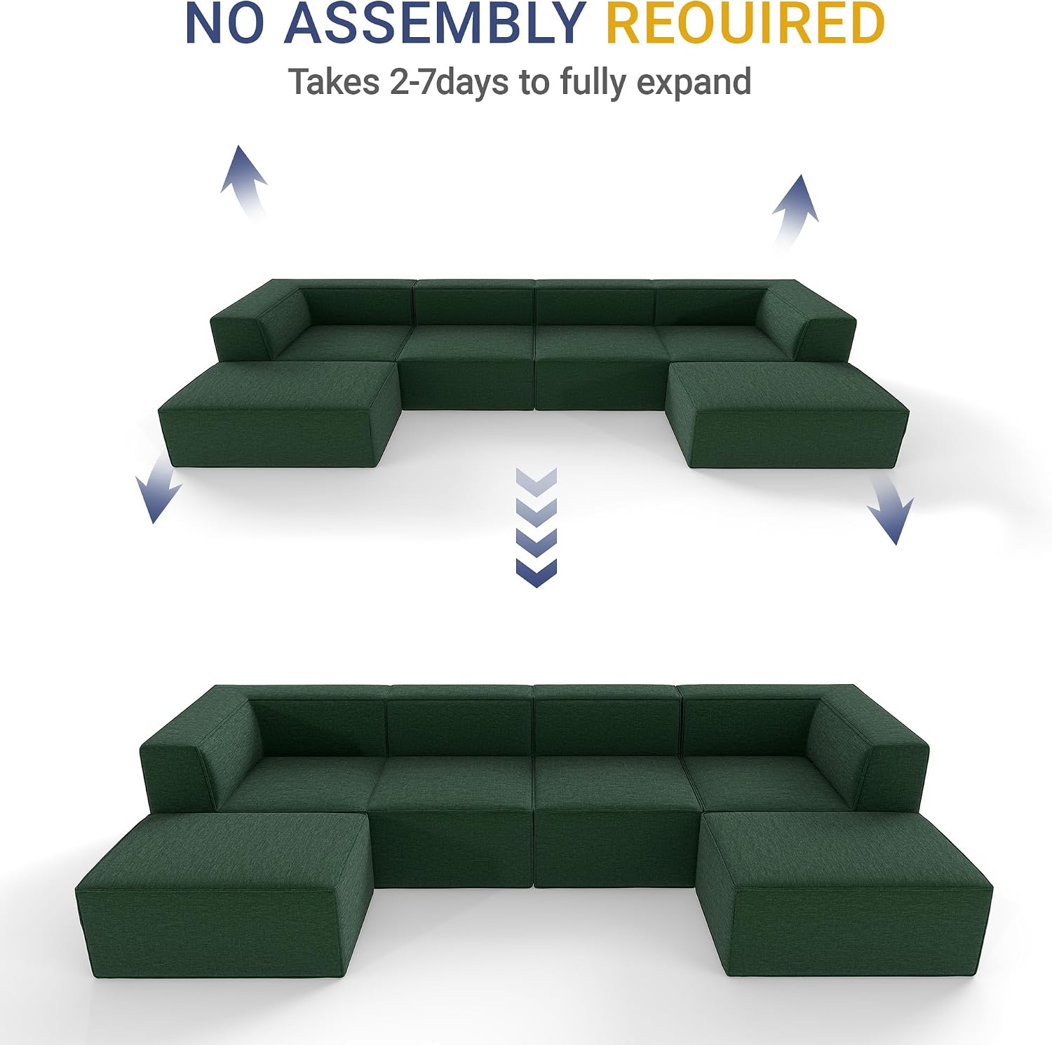 136' 6-Piece Sectional Sofa Modular Couches,L-U-Shaped with Chaise,for Living Room,Compressed Foam No Assembly,for Living Room (2xArmless Corner Ottoman) Fabric Chenille Green
