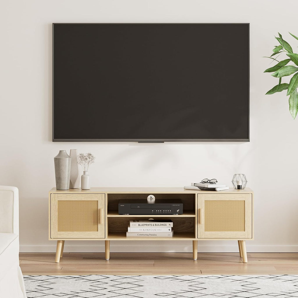TV Stand for 55-65inch TV, Rattan Entertainment Center with Soft Hinge Door,TV Console Table with 2 Cabinets with Gold Handle and Feet,for Living Room, Bedroom, Natural