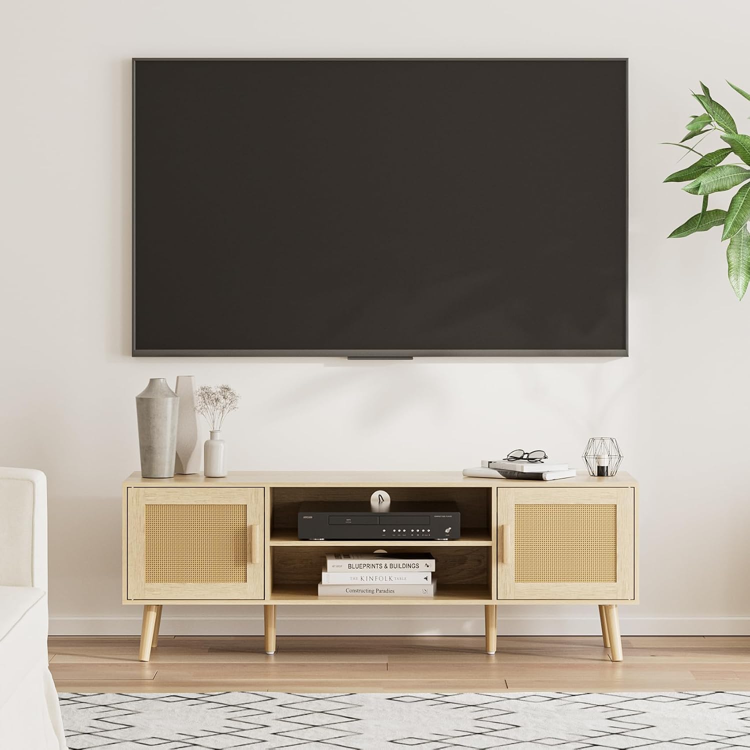 TV Stand for 55-65inch TV, Rattan Entertainment Center with Soft Hinge Door,TV Console Table with 2 Cabinets with Gold Handle and Feet,for Living Room, Bedroom, Natural