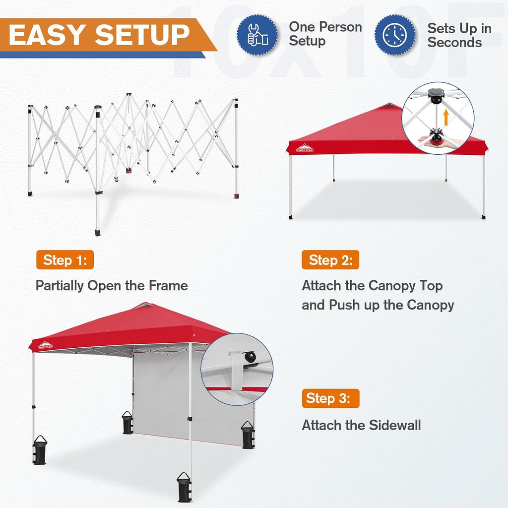 EAGLE PEAK Commercial Canopy 10x10 Pop Up Canopy Tent with 1 Sidewall, Easy Setup Heavy Duty Instant Event Shelter for Vendors & Markets, Outdoor Sun Shade, Red