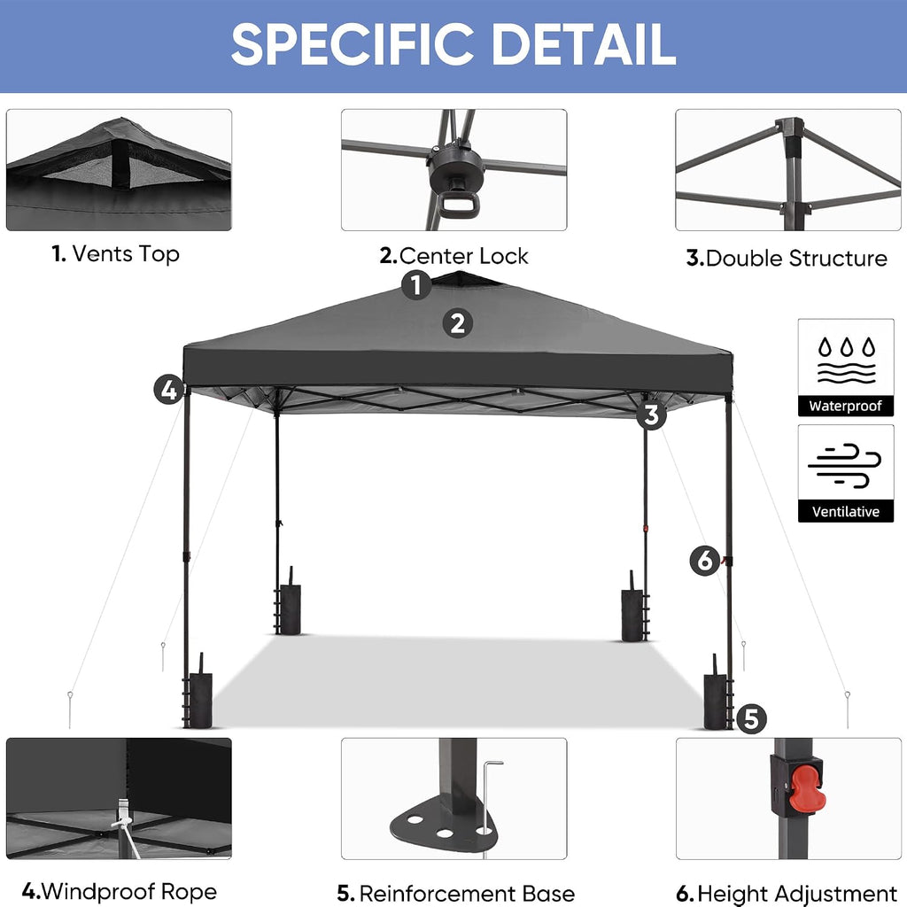 GDY 12x12 Pop Up Canopy Patio Carpas, One Push Set up with Central Lock Canopy with Wheeled Carry Bag, Included 4 Sandbaogs,8 Stakes and 4 Ropes, Black