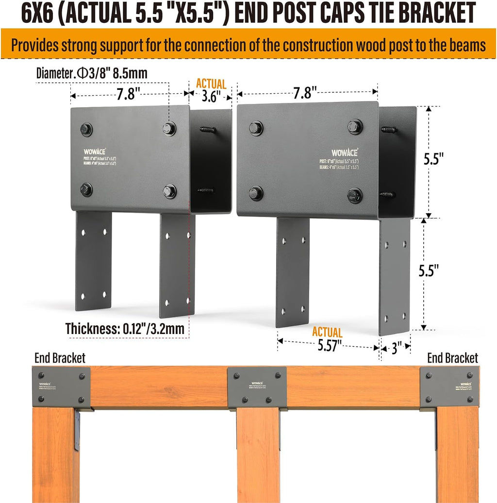 4Pack 4x6 (Actual 3.5'x5.5') Heavy Duty Stainless Steel Pergola Brackets - End Post to Beam Connector for Gazebos, Patio Decks, Porches - Wood Post Cap Tie Bracket (Dark Gray)