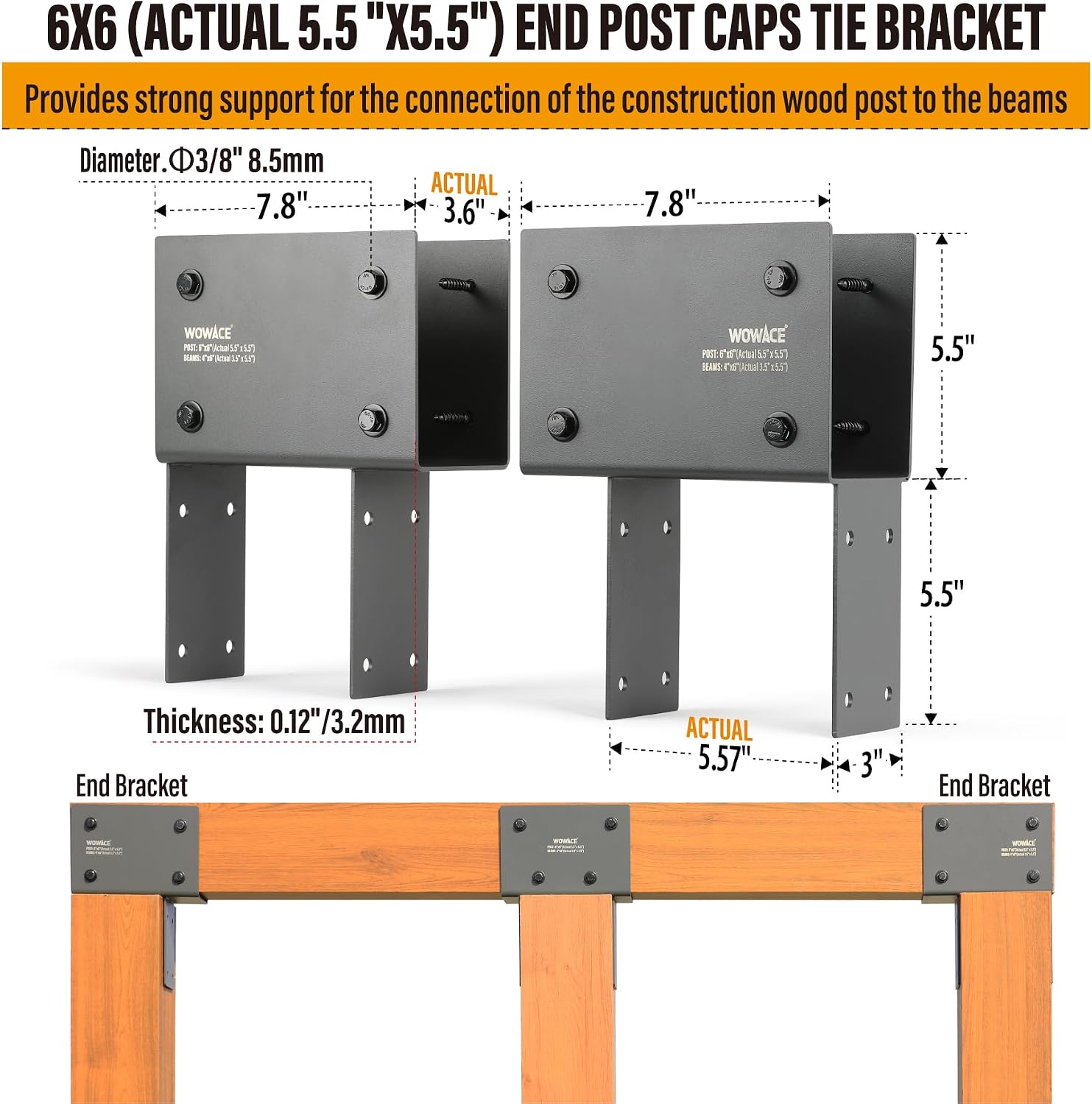 4Pack 4x6 (Actual 3.5'x5.5') Heavy Duty Stainless Steel Pergola Brackets - End Post to Beam Connector for Gazebos, Patio Decks, Porches - Wood Post Cap Tie Bracket (Dark Gray)