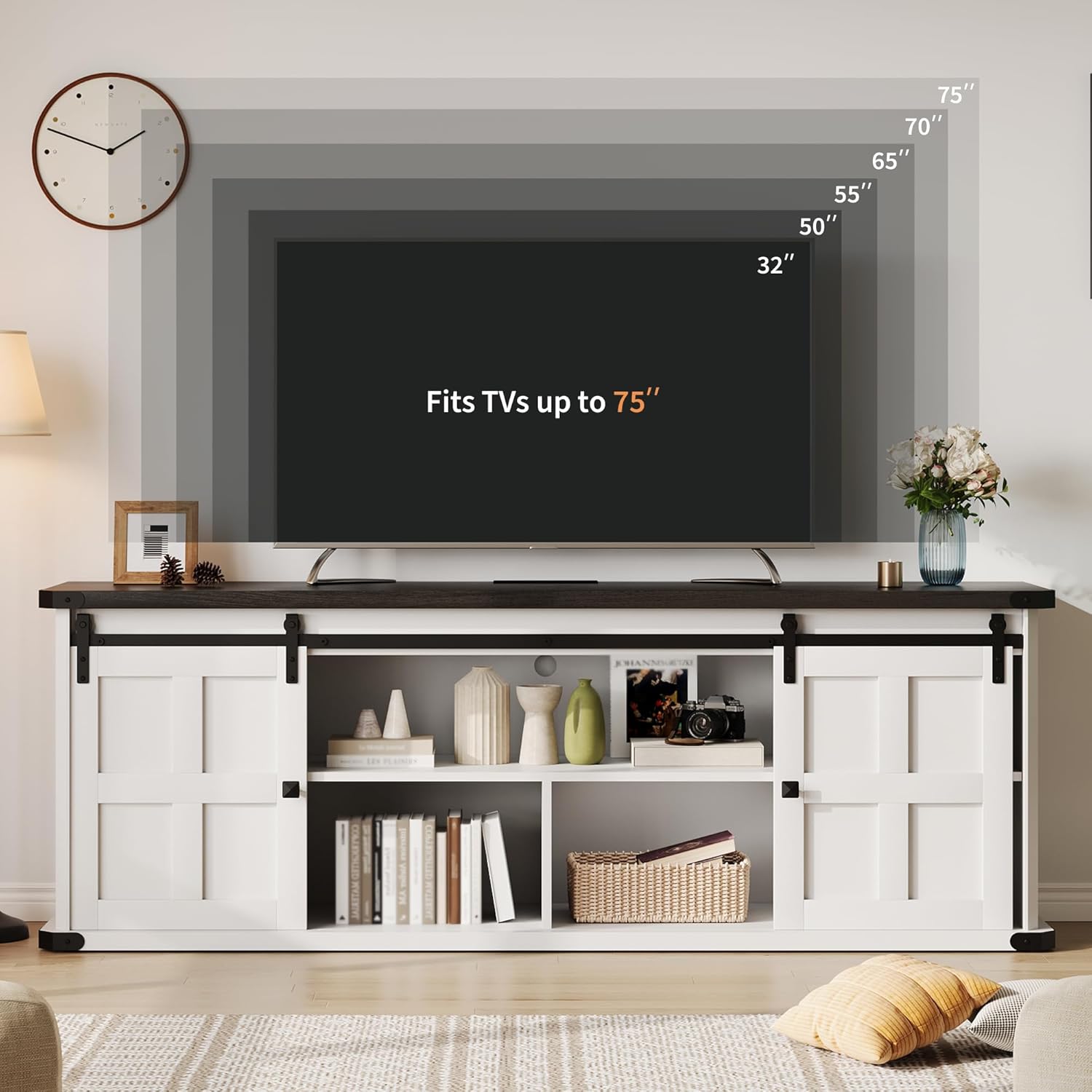 IDEALHOUSE Farmhouse TV Stand for 75 Inch TV, Entertainment Center with Storage Cabinets and Sliding Barn Doors, Media TV Console Table for Living Room Bedroom