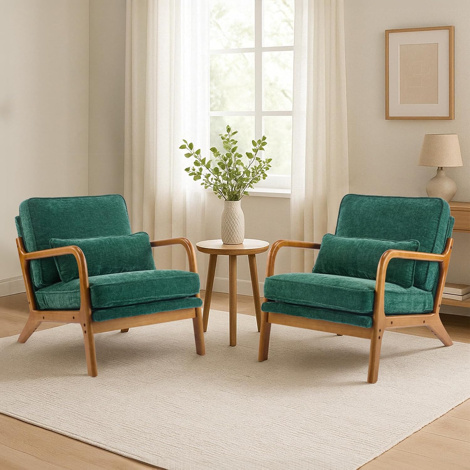 Karl home Mid Century Modern Accent Chair with Lumbar Pillow & Oak Arms – Plush Chenille Living Room Chair for Bedroom, Lounge (Dark Green)