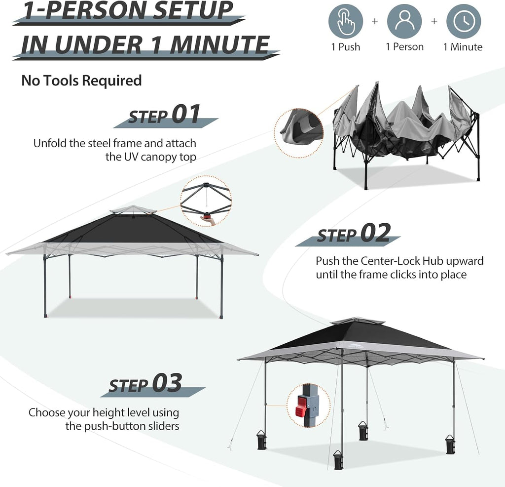 EAGLE PEAK 13x13 Straight Leg Pop Up Canopy Tent Instant Outdoor Canopy Easy Single Person Set up Folding Shelter w/Auto Extending Eaves 169 Square Feet of Shade (Black/Light Gray)