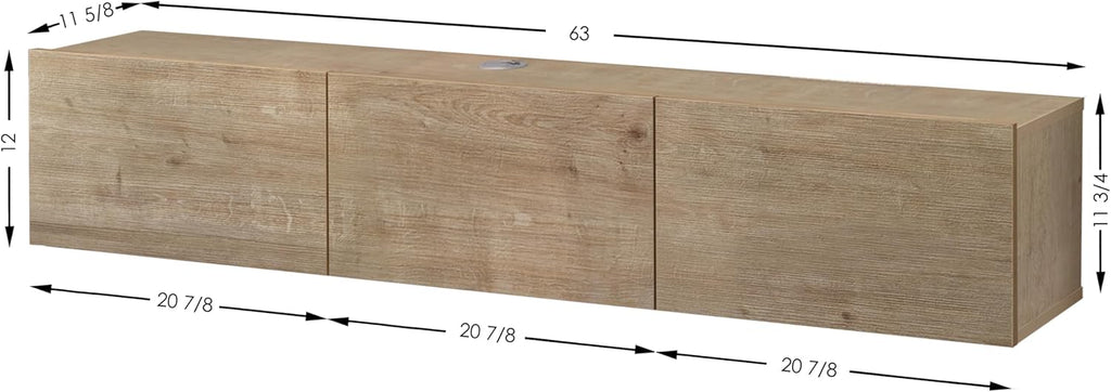 Floating TV Stand for 75-80 Inch TV, 63' Wall Mounted TV Stand with Storage Cabinet, Floating Entertainment Center with Cable Management Hole, Oak Wood Grain Floating Media Console for Living Room
