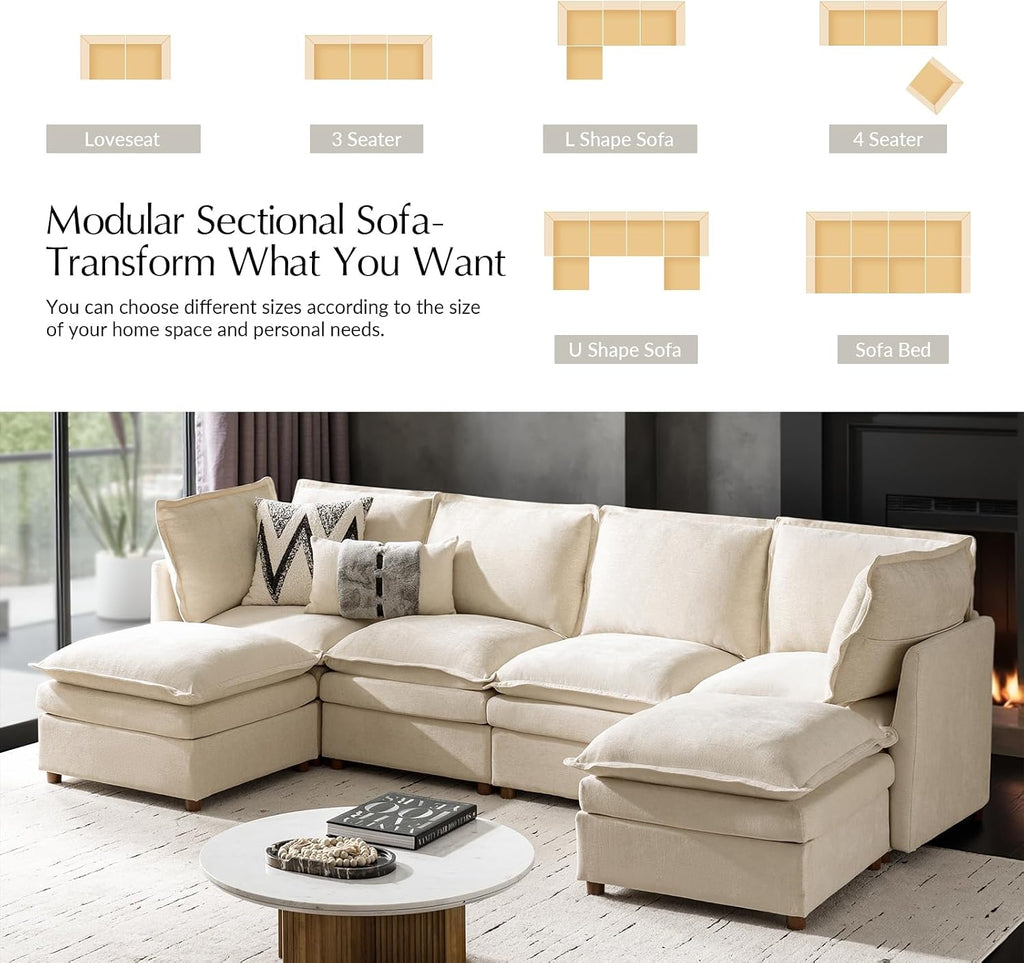 HULALA HOME 128'' Oversized Modular Sectional Sofa with Dual-Layered Cushions, U Shaped 6 Seater Couch with Storage Ottoman and Removable Cover, Modern Deep Seat Cloud Couch for Living Room, Beige