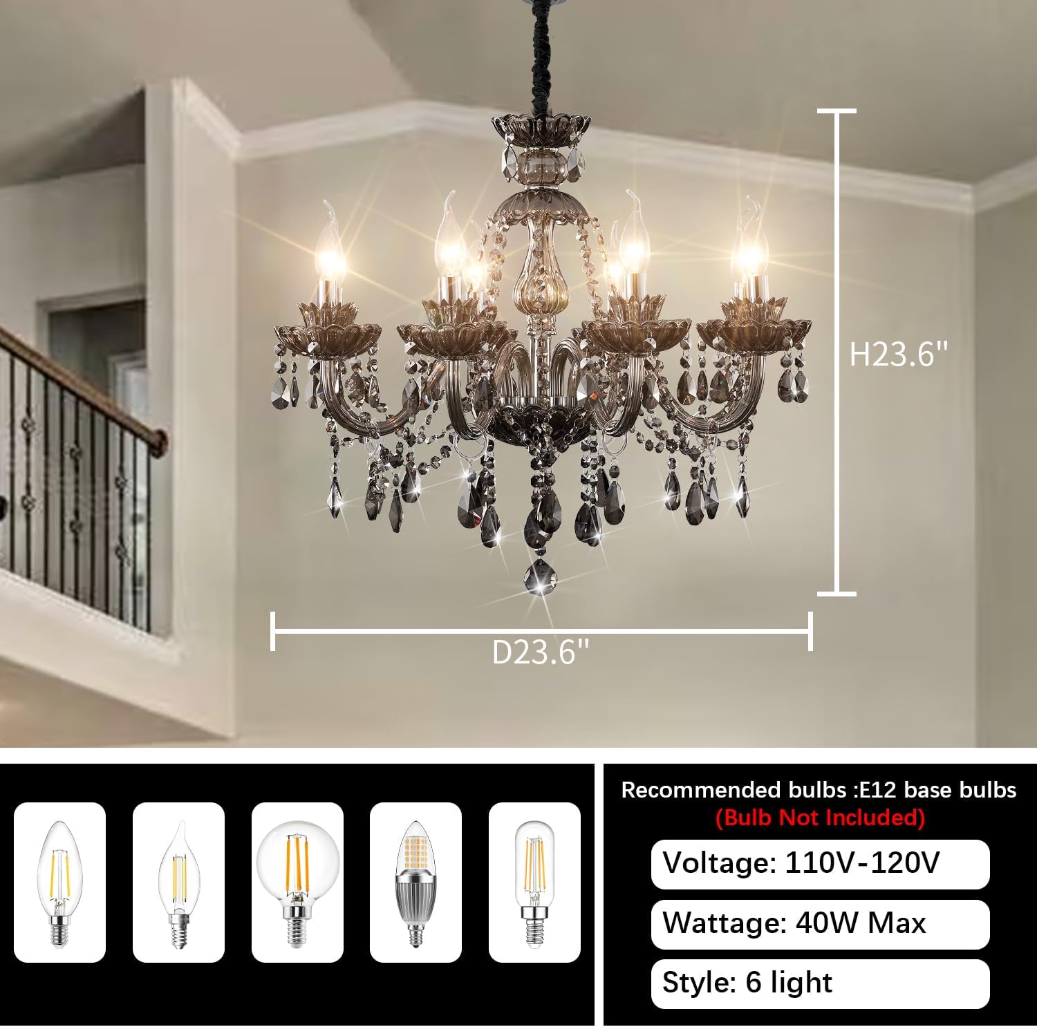 Luxurious Smoky Gray Crystal Chandelier for Living Room, Antique 6-Lights Teardrop Candle Chandelier Pendant Ceiling Lighting Fixture for Kitchen Dinner Party Closet Entryway of CRYSTOP