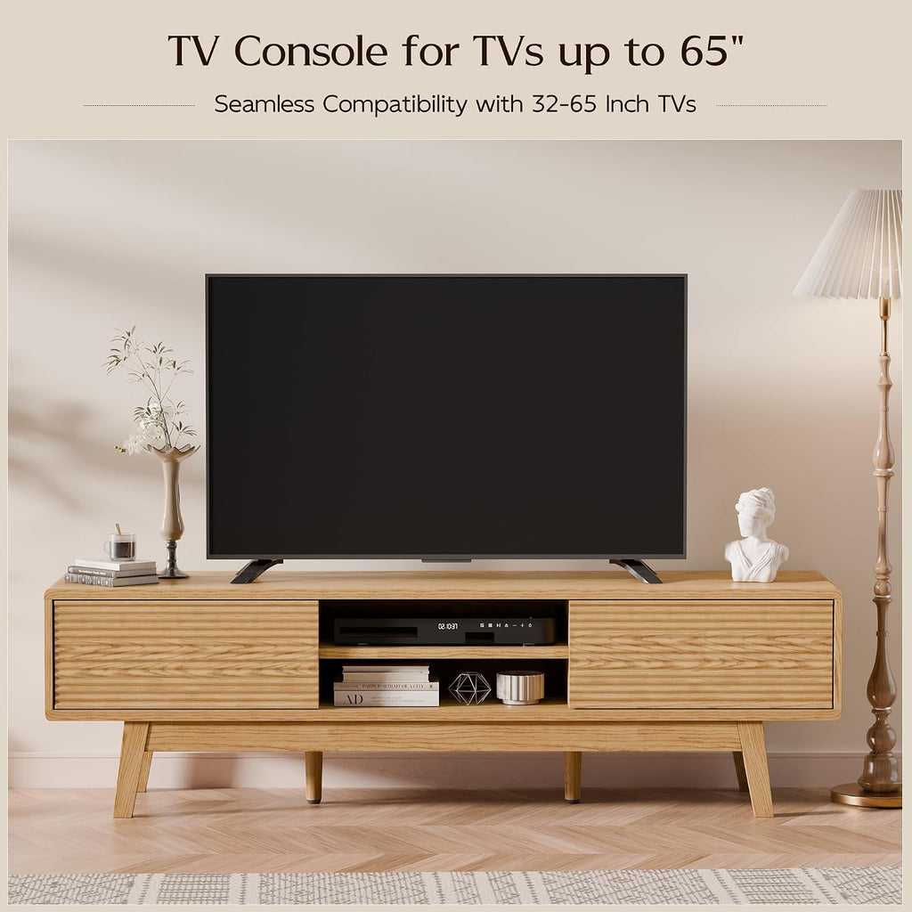 TOLEAD 59' Mid Century Modern TV Stand for TVs up to 65 Inch, Low Profile Entertainment Center with Fluted Sliding Doors & Storage, Wood TV Console Table for Living Room, Oak