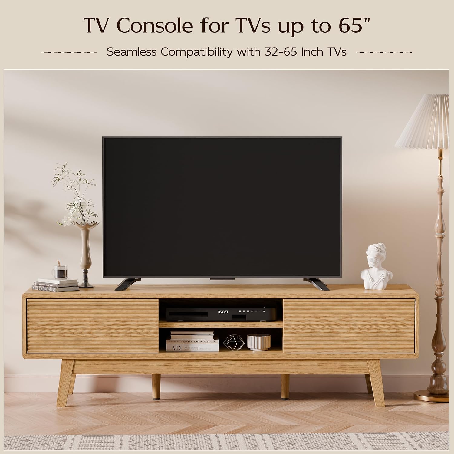 TOLEAD 59' Mid Century Modern TV Stand for TVs up to 65 Inch, Low Profile Entertainment Center with Fluted Sliding Doors & Storage, Wood TV Console Table for Living Room, Oak
