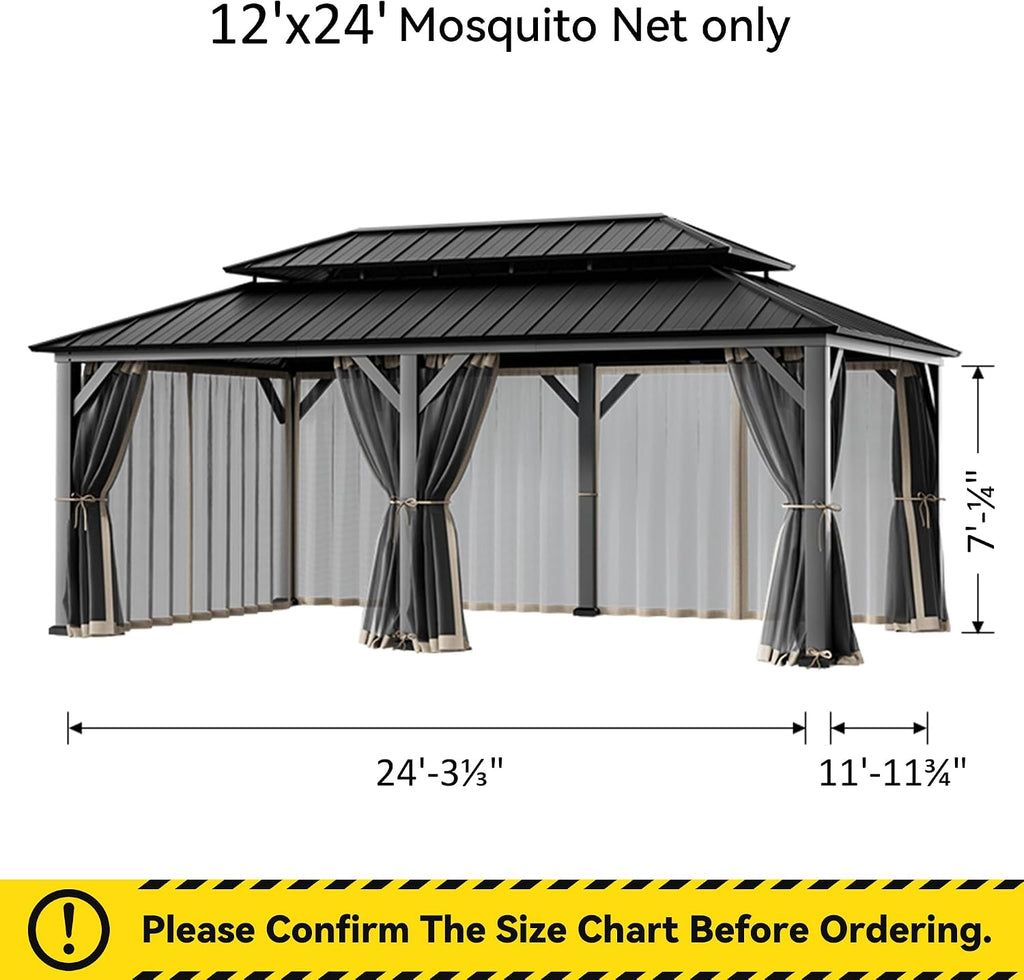 Covered Outdoor Gazebo Mosquito Netting Replacement Universal 6-Panel Sidewalls 12' x 24', Outdoor Gazebo Mosquito Nettings with Double Zipper, Replacement for Patio Canopy, Garden (Mosquito Net Only)