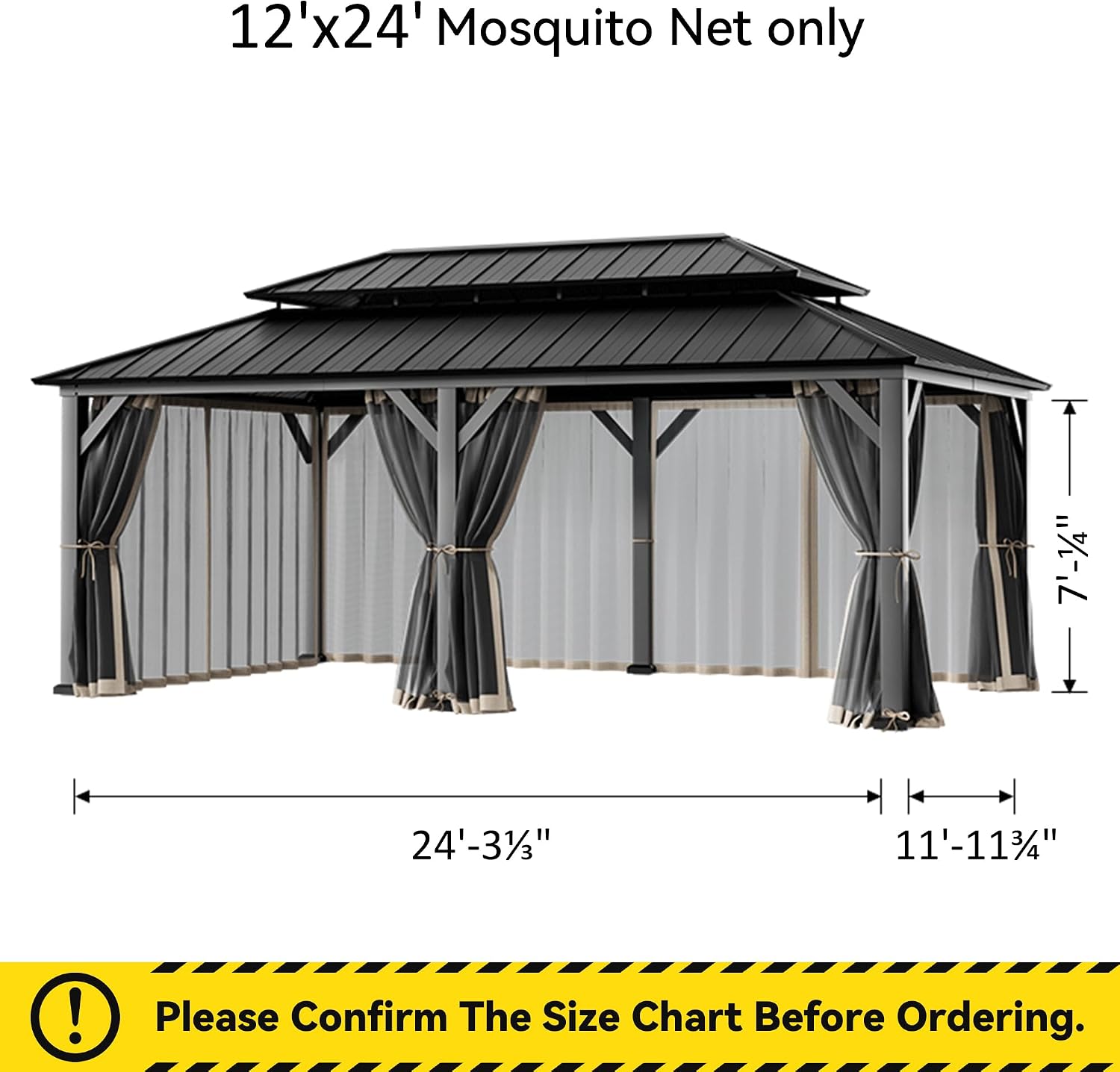 Covered Outdoor Gazebo Mosquito Netting Replacement Universal 6-Panel Sidewalls 12' x 24', Outdoor Gazebo Mosquito Nettings with Double Zipper, Replacement for Patio Canopy, Garden (Mosquito Net Only)