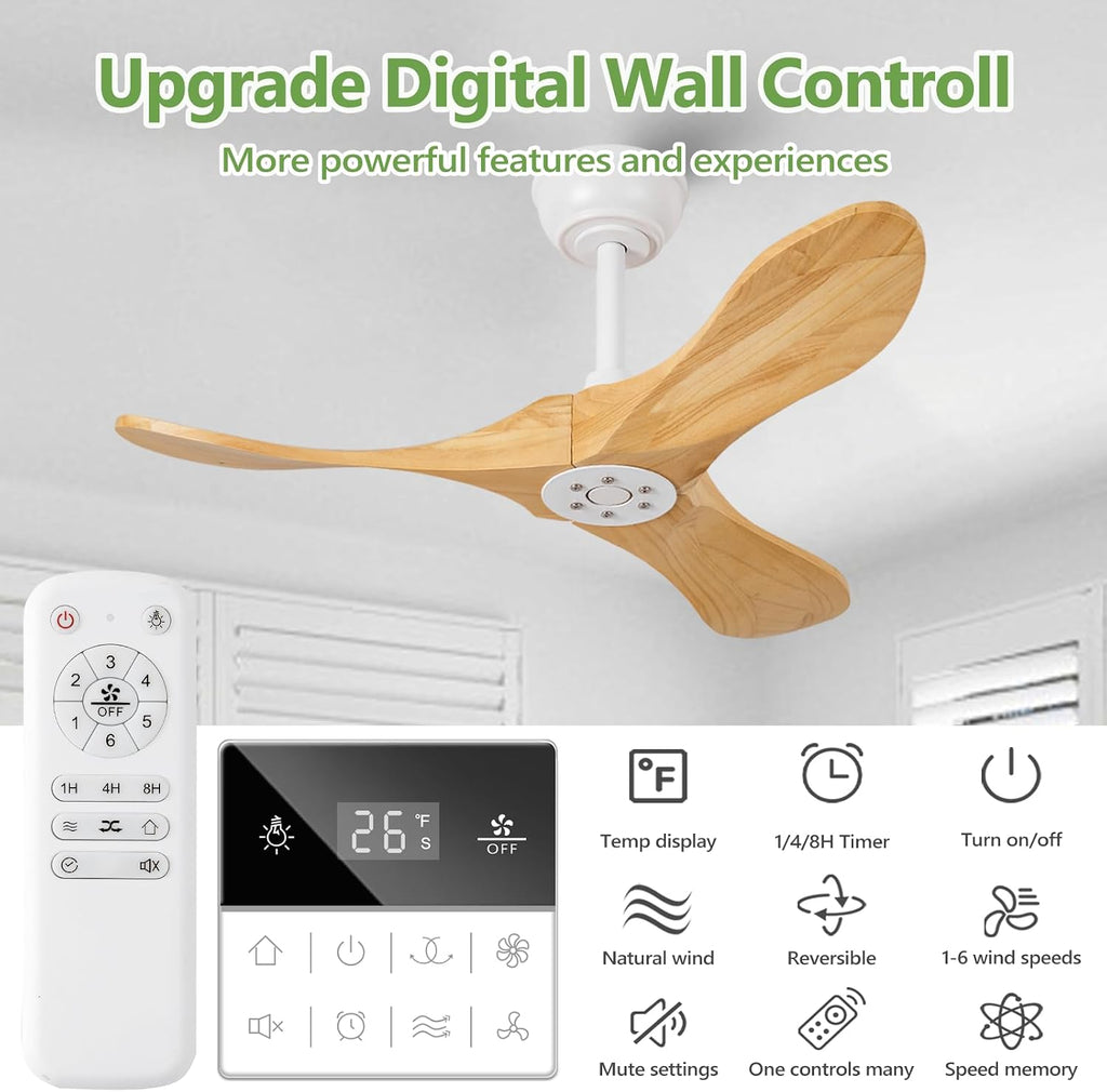 36 Inch Solid Wood Ceiling Fans without Light,Small Modern 3 Blade Quiet Dc Ceiling Fan For Slanted Ceilings, Rustic Wood Ceiling Fan For Gazebo With Wall Switch and Remote Control