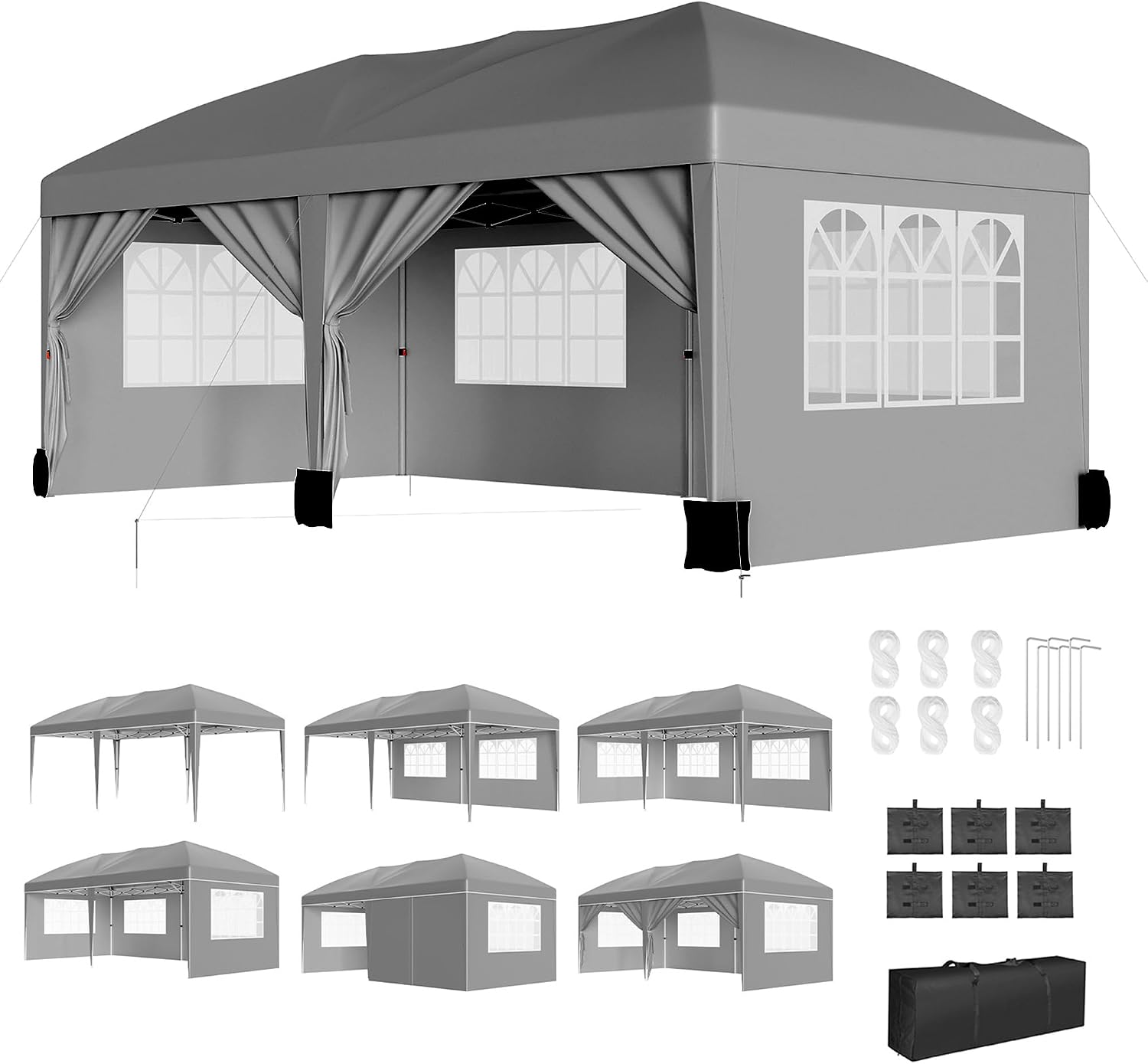 10X20Ft Pop Up Wedding Party Tent with 6 Sidewalls - Heavy Duty Commercial Outdoor Canopy, Waterproof Gazebo Canopy Tent, Canopy All Season with Storage Bag, Gray