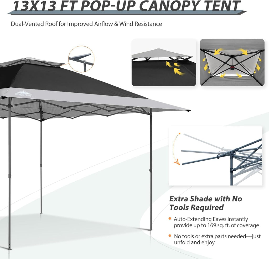 EAGLE PEAK 13x13 Straight Leg Pop Up Canopy Tent Instant Outdoor Canopy Easy Single Person Set up Folding Shelter w/Auto Extending Eaves 169 Square Feet of Shade (Black/Light Gray)