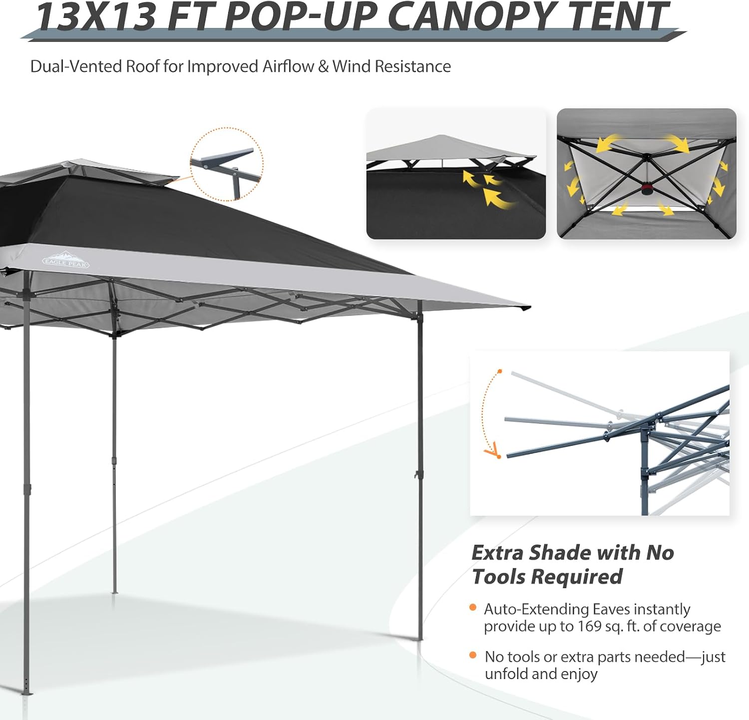 EAGLE PEAK 13x13 Straight Leg Pop Up Canopy Tent Instant Outdoor Canopy Easy Single Person Set up Folding Shelter w/Auto Extending Eaves 169 Square Feet of Shade (Black/Light Gray)