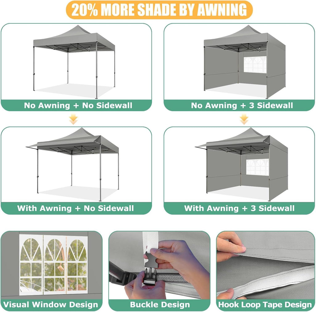 COBIZI 10x10 Pop Up Canopy Tent with Awning,Heavy Duty Canopy UPF 50+ All Season Wind Waterproof Commercial Outdoor Street Vendors Party Tents for Parties Canopy with Carry Bag(10 x 10 ft Gray)