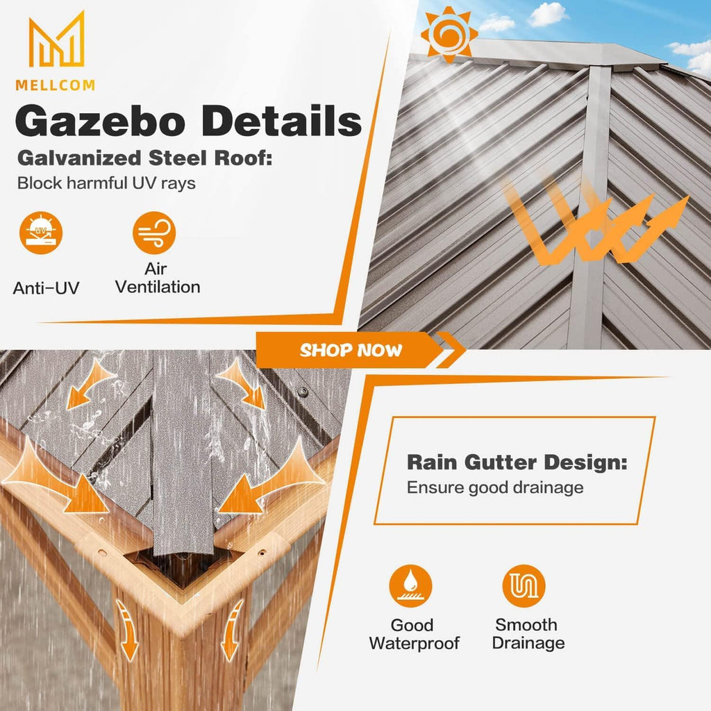 EROMMY 12'x16' Gazebo, Wood Looking Gazebo with Aluminum Frame and Single Galvanized Steel Roof, Outdoor Permanent Metal Pavilion with Curtains and Nettings for Deck, Backyard and Patio