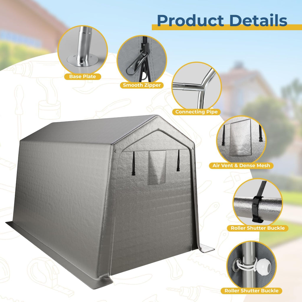 LINKHOO 7 x 12 FT Carport, Portable Shed w/220G Heavy Duty Waterproof PE Tarp, Roll-up Zipper Door & Vent, Weather-Resistant Storage Shed for Motorcycle, Bike and Tools, Gray