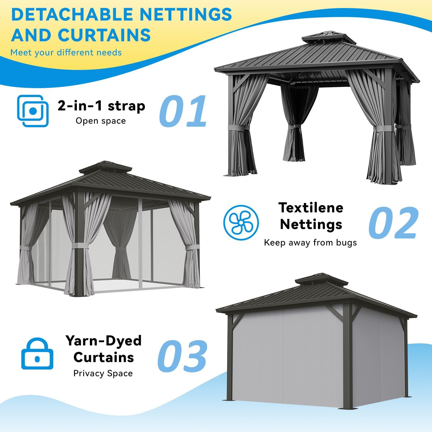 12' x 12' Hardtop Gazebo, Aluminum Frame with Double Galvanized Steel Roof, Outdoor Metal Pavilion with Netting and Curtains for Patio, Backyard, and Deck
