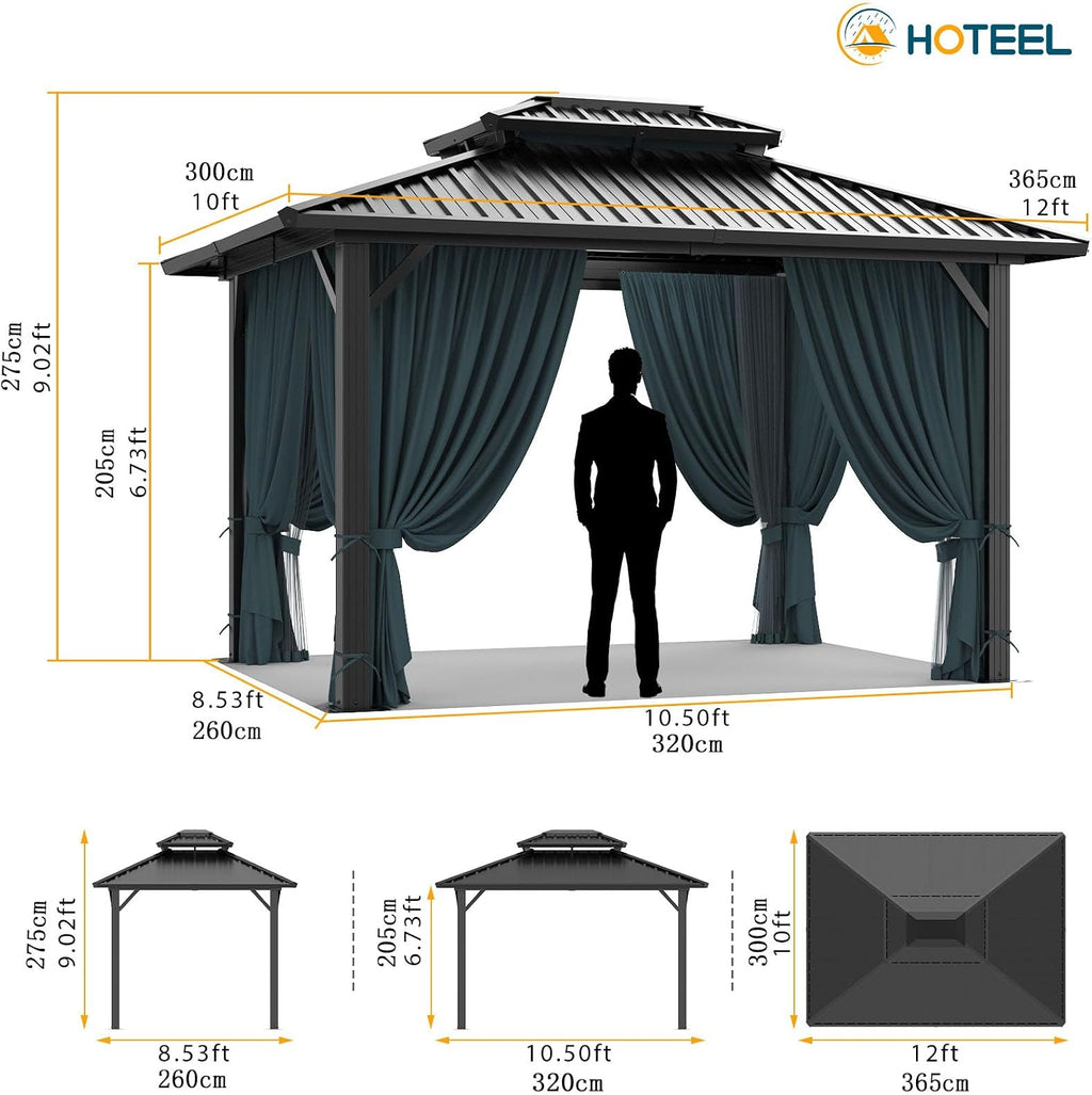 HOTEEL 10x12 Hardtop Gazebo Heavy Duty Gazebo with Galvanized Steel Double Roof, Hot Tub Gazebo with Flame-Retardant Curtain & Netting, Aluminum Frame Outdoor Canopy for Patio and Party (Upgraded 3.0)