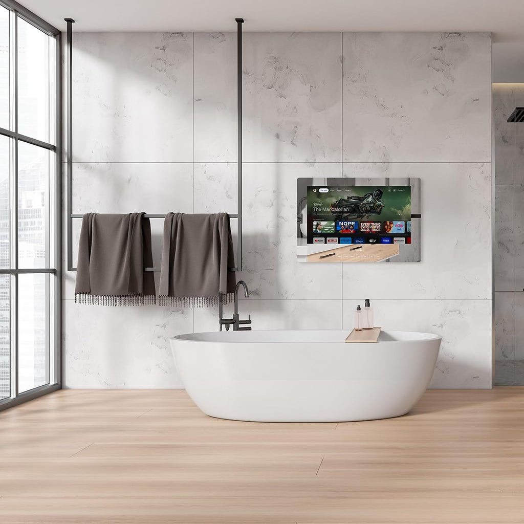 SYLVOX 32 inch Bathroom TV, 1080P Mirror Television with Google OS NTSC & ATSC Tuner WiFi Bluetooth Voice Remote, IP66 Waterproof Magic TV for Bathroom Bathtub Hotel Shower Spa (Wall Mount)