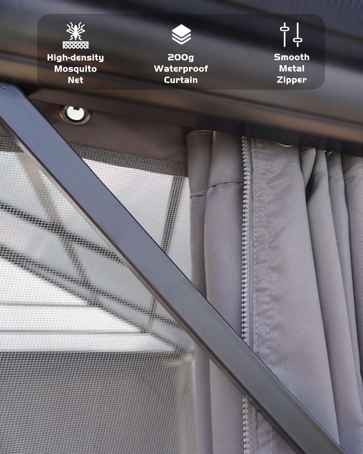 GAOMON Hardtop Gazebo 10'x12', with Double Polycarbonate Roof, Aluminum Alloy Frame, Net, and Curtain, Permanent Building of Backyard Luxury, for Patio, Deck, Backyard, Lawn, and Garden, Gray