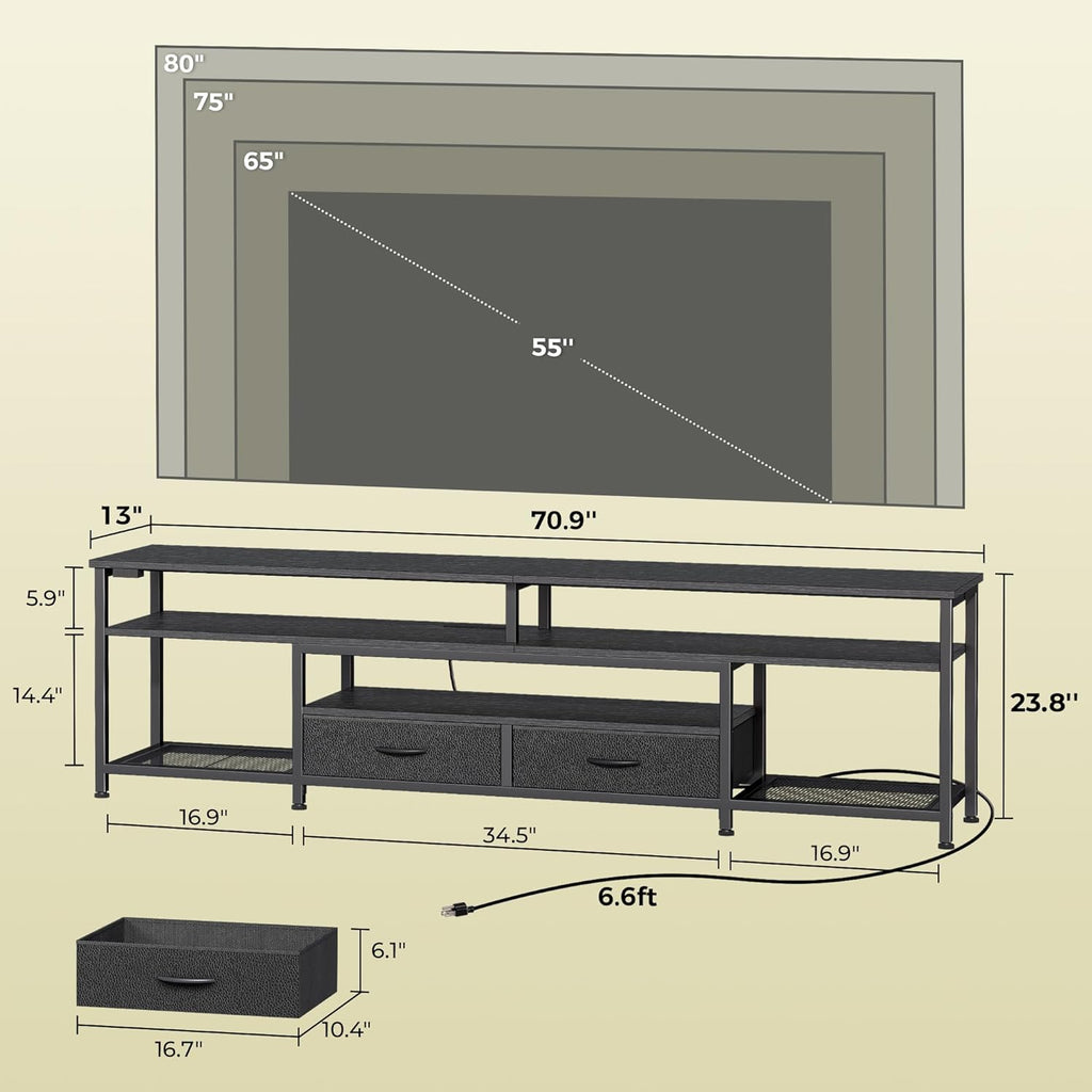 Huuger TV Stand for 75 80 Inch TV, Entertainment Center with Power Outlets and LED Lights, 70.9 Inch TV Console for Living Room, Media Console with Drawers and Shelves, Black