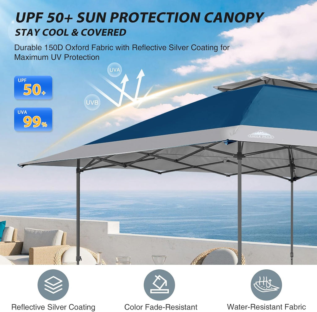 EAGLE PEAK 13x13 Straight Leg Pop Up Canopy Tent Instant Outdoor Canopy Easy Single Person Set up Folding Shelter w/Auto Extending Eaves 169 Square Feet of Shade (Blue/Gray)