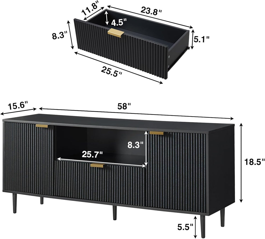 Okvnbjk Black TV Stand for 65 Inch TV, TV Consoles for Living Room, TV Stand for Bedroom w/Drawer and Storage, Wood Fluted Panel Media Console, Entertainment Center w/Soft Hinge & Cable Management