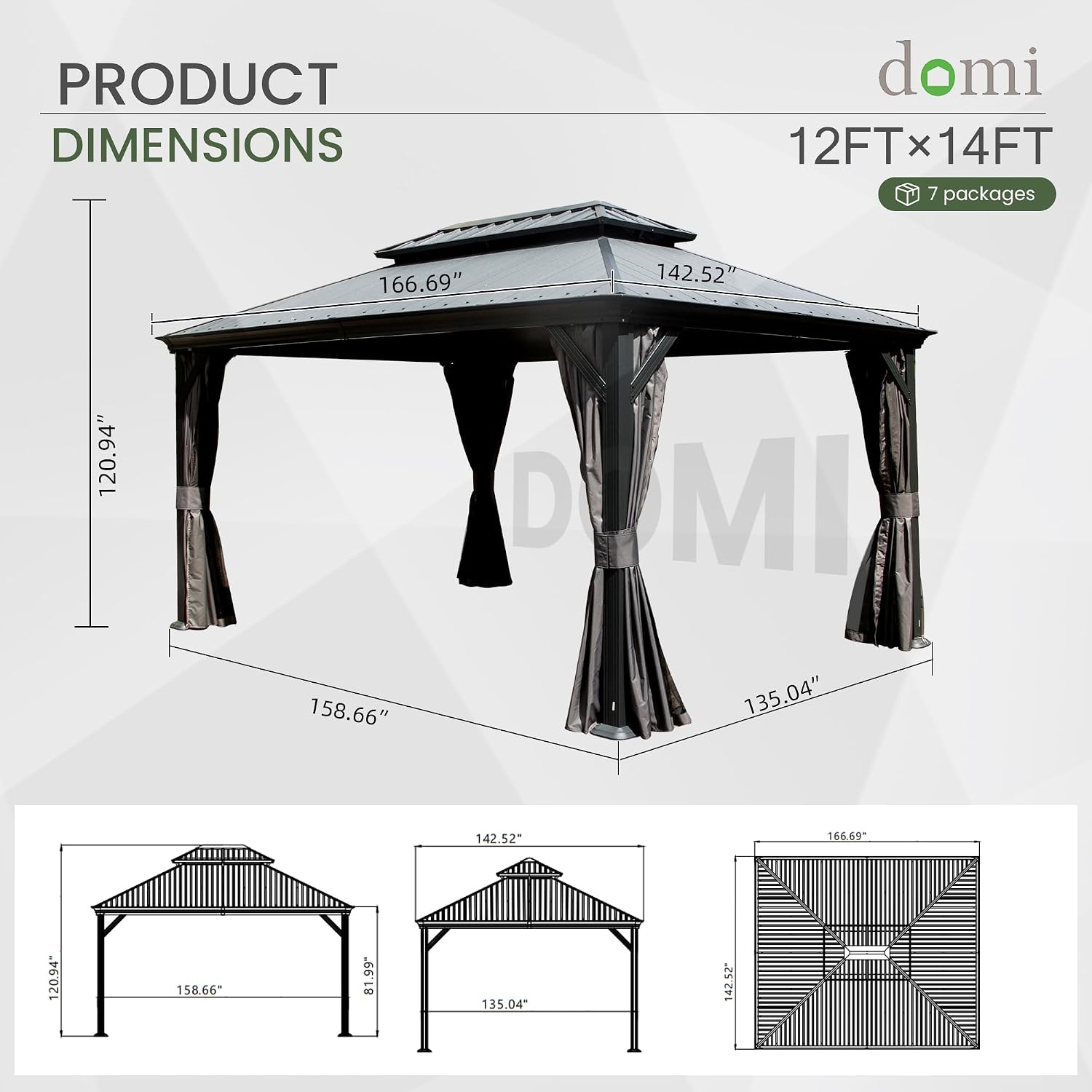 Domi 12' X 14' Hardtop Gazebo, Upgraded Metal Gazebo with Dual-Layer Resin Roof, Drainage System, Curtain and Netting, Outdoor Shelter Canopy for Patio, Garden, and Backyard, Grey