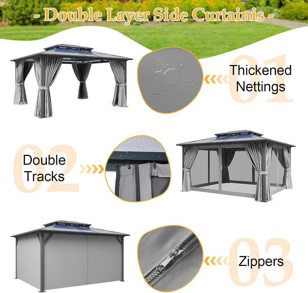 12' x 14' Gray Double Roof Gazebo with Polycarbonate Panels – Sturdy Aluminum Frame, Outdoor Pavilion with Curtains for Patio, Garden & Backyard