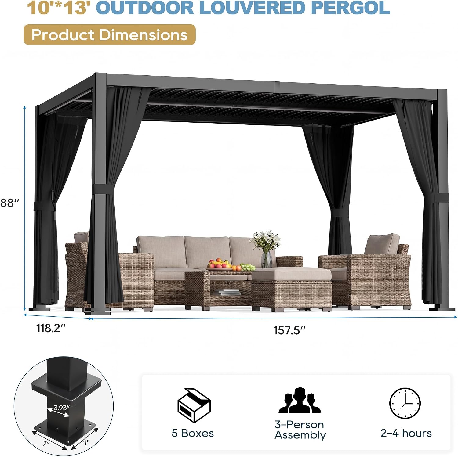 10' ×13' Aluminum Louvered Pergola, Outdoor Pergola with Curtains & Netting, Outdoor Hardtop Gazebo with Adjustable Roof, All-Weather Metal Pergola for Patio, Garden, Deck (Black with Curtain)