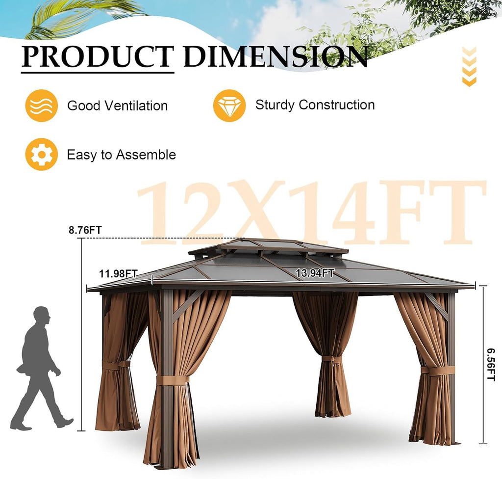 12' x 14' Double Roof Gazebo with Polycarbonate Panels – Durable Aluminum Frame, Outdoor Pavilion with Curtains for Patio, Garden & Backyard
