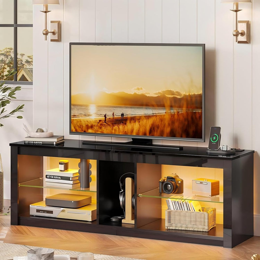 Bestier LED TV Stand for 55/60/65 Inch TV, Black High Gloss Entertainment Center with Power Outlet & Adjustable Shelves, Modern Gaming TV Console with Storage for Living Room Bedroom