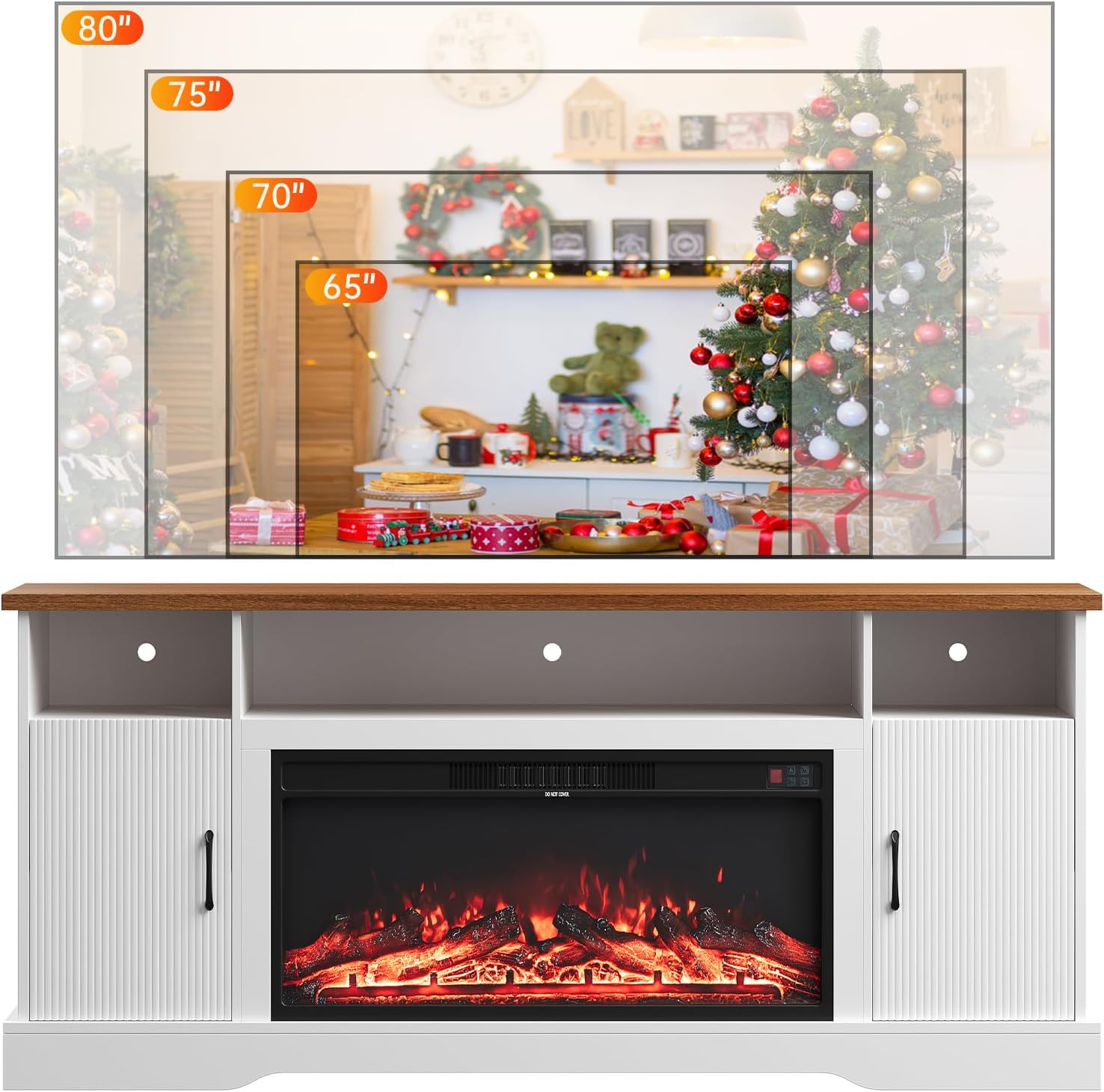 Farmhouse Fireplace TV Stand for up to 80 Inch TV, 70' Entertainment Center with Electric Fireplace & LED Strip, Fluted TV Consoles with Large Storage for Living Room (Fluted (White))