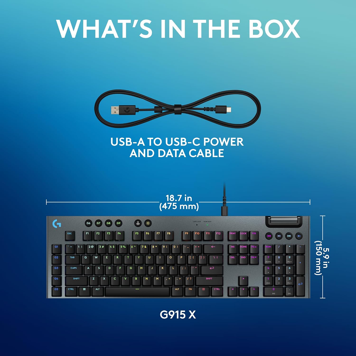 Logitech G915 X Wired Mechanical Gaming Keyboard, Double-Shot PBT Keycaps, Fully Programmable Keys, RGB Backlit Mac/PC Gaming Keyboards, Aluminum Finish, GL Tactile Switches, Black (Renewed)